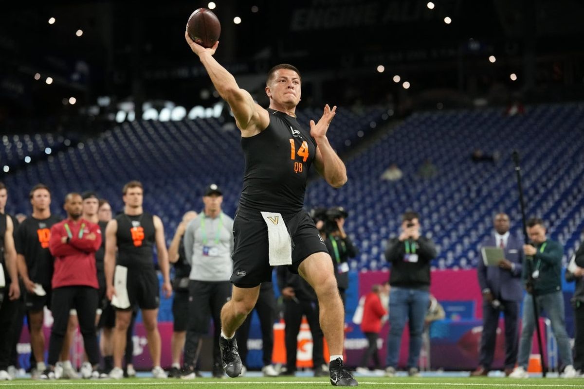 Feb 28, 2026; Indianapolis, IN, USA; Vanderbilt quarterback Diego Pavia (QB14) during the NFL Scouting Combine at Lucas Oil Stadium. Mandatory Credit: Kirby Lee-Imagn Images