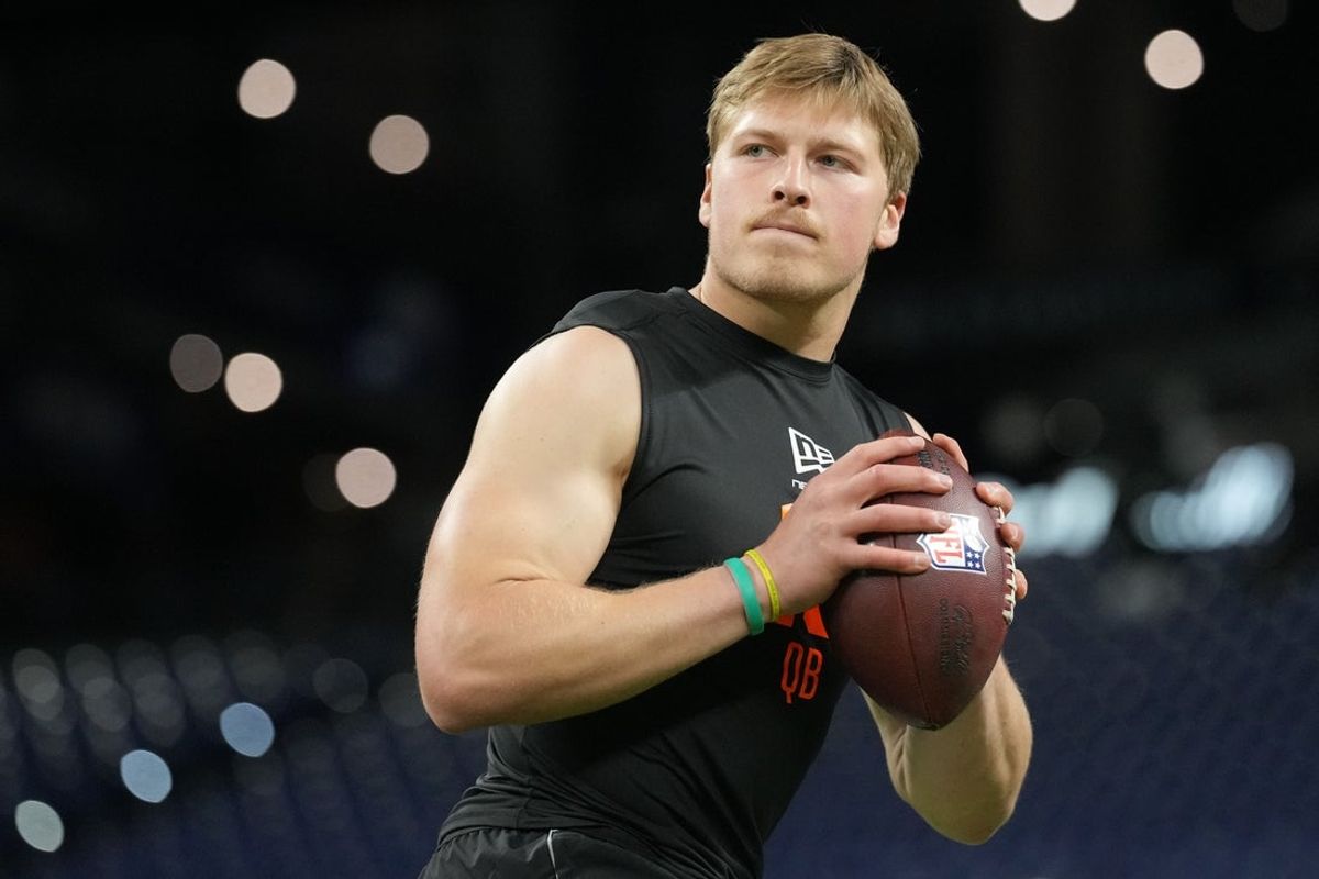 Feb 28, 2026; Indianapolis, IN, USA; North Dakota State quarterback Cole Payton (QB15) during the NFL Scouting Combine at Lucas Oil Stadium. Mandatory Credit: Kirby Lee-Imagn Images