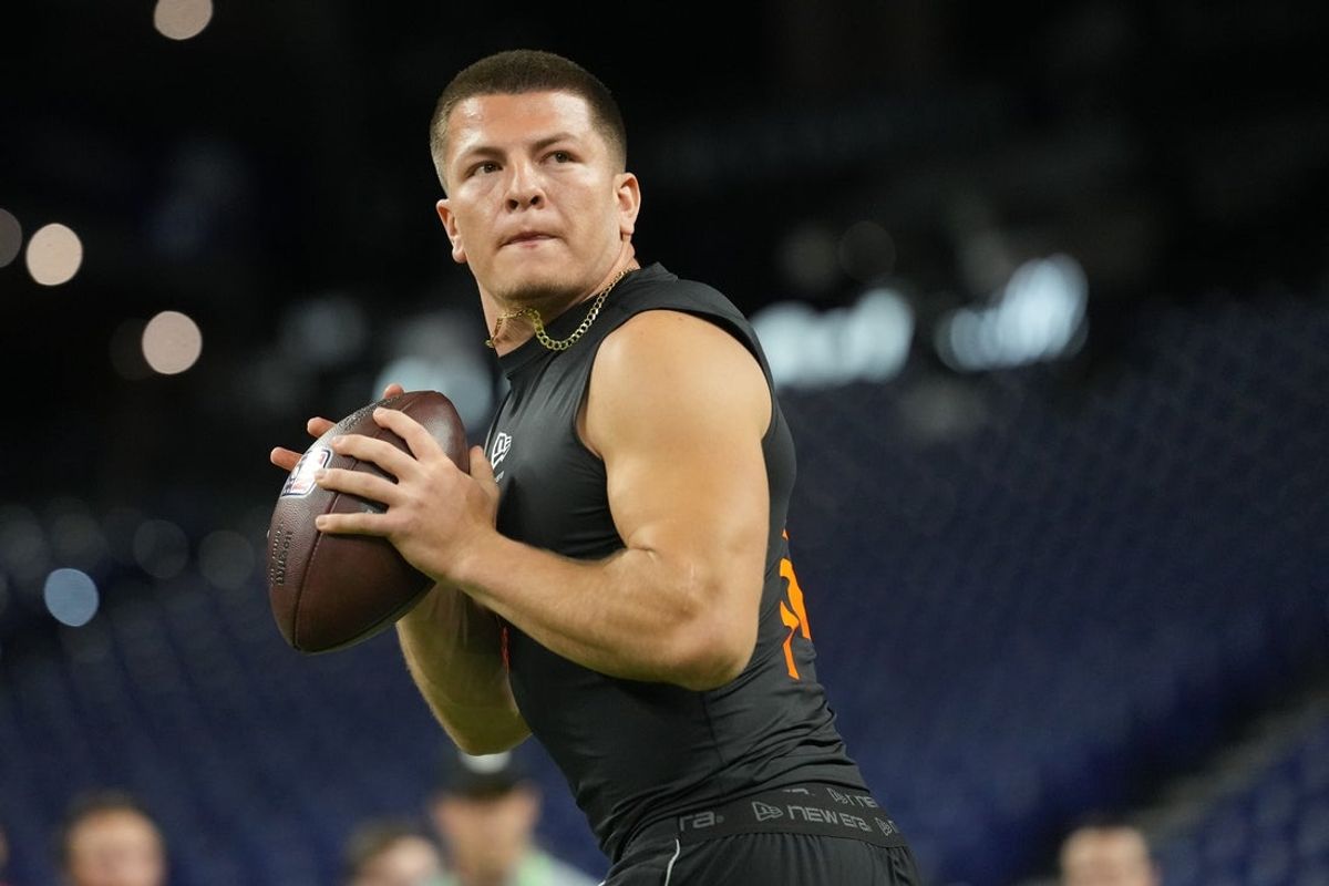 Feb 28, 2026; Indianapolis, IN, USA; Vanderbilt quarterback Diego Pavia (QB14) during the NFL Scouting Combine at Lucas Oil Stadium. Mandatory Credit: Kirby Lee-Imagn Images