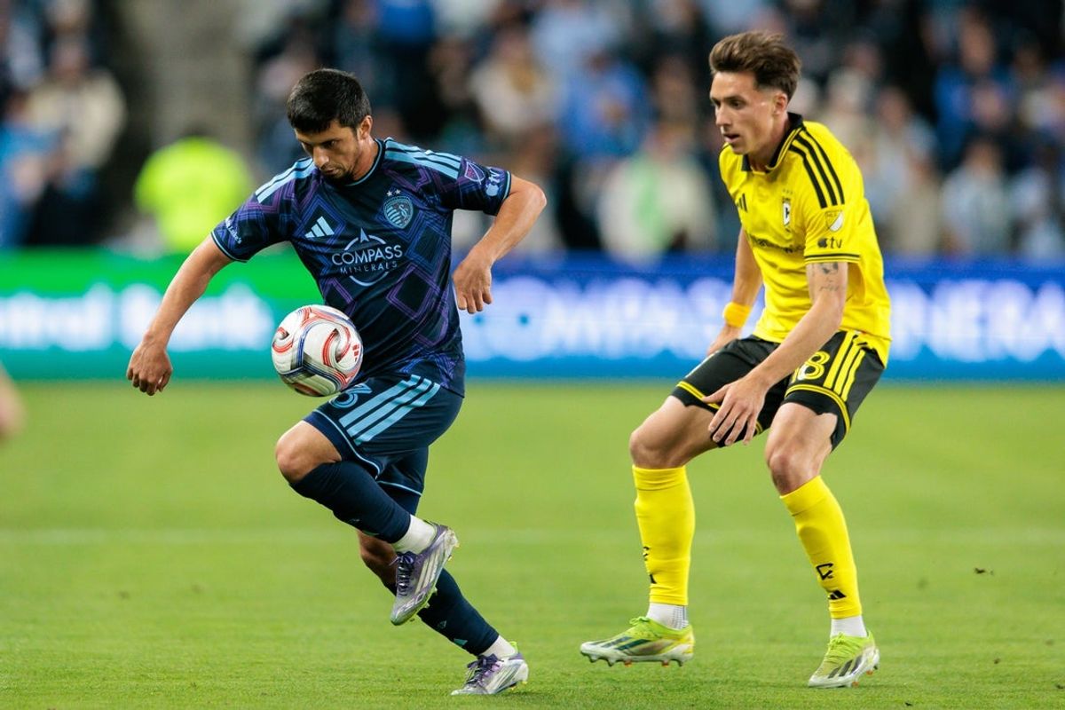 Feb 28, 2026; Kansas City, Kansas, USA; Sporting Kansas City forward Shapi Suleymanov (93) controls the ball during the first half against the Columbus Crew at Children's Mercy Park. Mandatory Credit: William Purnell-Imagn Images