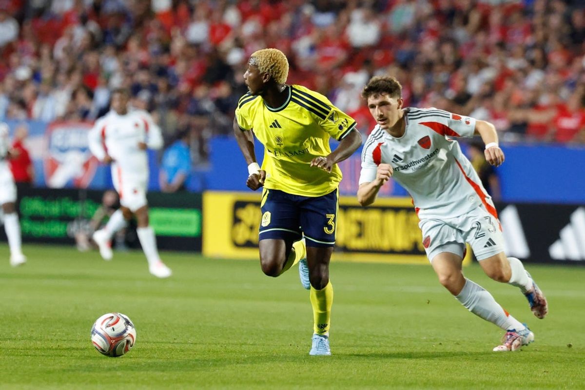 Feb 28, 2026; Frisco, Texas, USA;  Nashville SC defender Maxwell Woledzi (3) and FC Dallas forward Logan Farrington (23) chase the ball during the first half at Toyota Stadium. Mandatory Credit: Chris Jones-Imagn Images