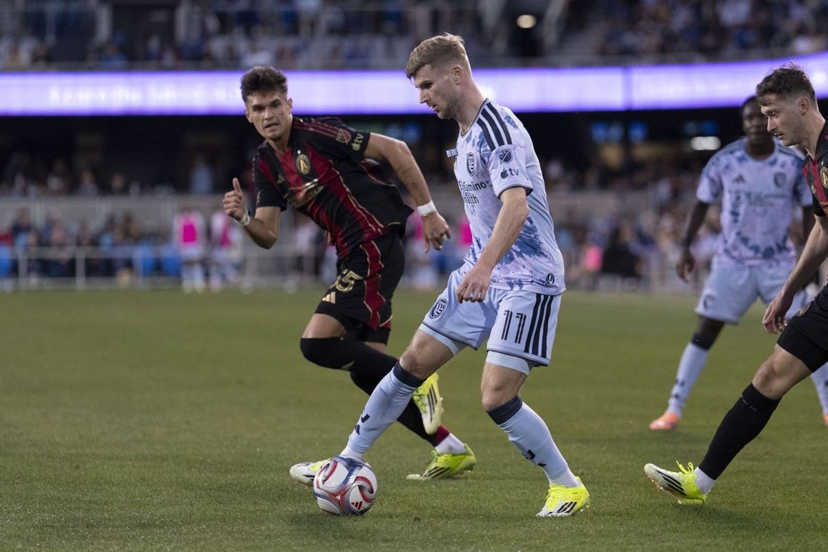 Feb 28, 2026; San Jose, California, USA;  San Jose Earthquakes forward Timo Werner (11) controls the ball during the second half against Atlanta United FC defender Tomás Jacob (55) at PayPal Park. Mandatory Credit: Stan Szeto-Imagn Images