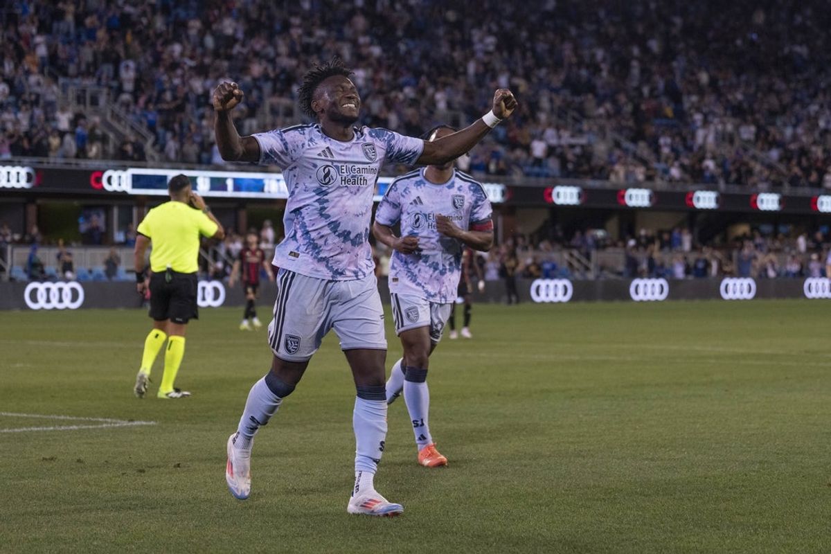 Feb 28, 2026; San Jose, California, USA;  San Jose Earthquakes forward Ousseni Bouda (7) reacts after scoring a goal during the second half against the Atlanta United FC at PayPal Park. Mandatory Credit: Stan Szeto-Imagn Images