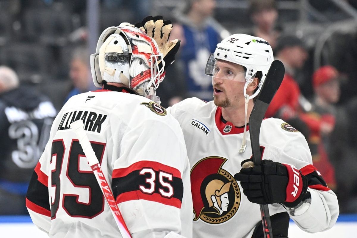 Feb 28, 2026; Toronto, Ontario, CAN;  Ottawa Senators goalie Linus Ullmark (35) and defenseman Thomas Chabot (72) celebrate a win over the Toronto Maple Leafs at Scotiabank Arena. Mandatory Credit: Dan Hamilton-Imagn Images