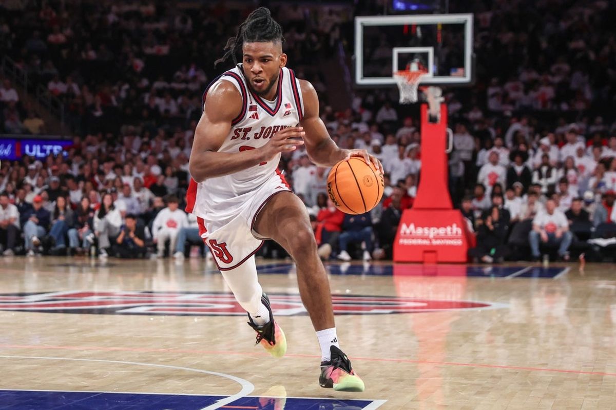 Feb 28, 2026; New York, New York, USA;  St. John's Red Storm forward Zuby Ejiofor (24) drives to the basket in the second half against the Villanova Wildcats at Madison Square Garden. Mandatory Credit: Wendell Cruz-Imagn Images