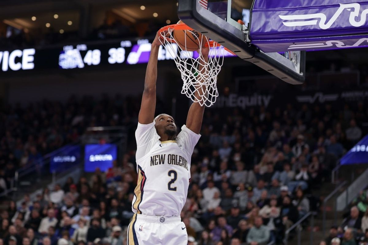 Feb 28, 2026; Salt Lake City, Utah, USA;  New Orleans Pelicans forward Herbert Jones (2) dunks the ball during the second quarter against the Utah Jazz at Delta Center. Mandatory Credit: Chris Nicoll-Imagn Images
