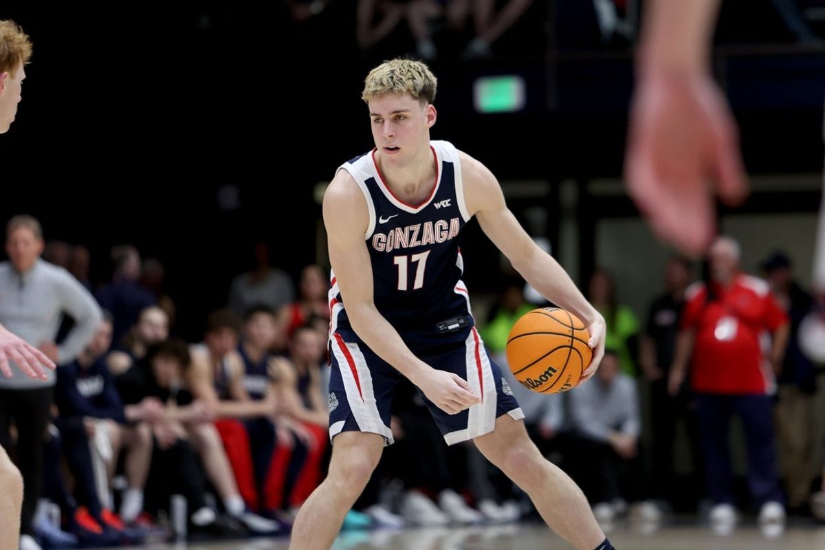 Feb 28, 2026; Moraga, California, USA; Gonzaga Bulldogs Mario Saint-Supery (17) dribbles the ball against the St. Mary Gaels during the first half at University Credit Union Pavilion. Mandatory Credit: Dennis Lee-Imagn Images