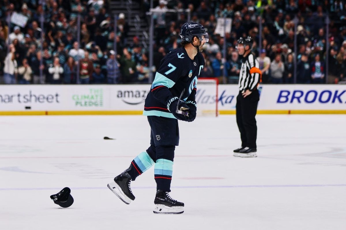 Feb 28, 2026; Seattle, Washington, USA; Seattle Kraken right wing Jordan Eberle (7) celebrates after scoring a goal during the third period against the Vancouver Canucks at Climate Pledge Arena. Mandatory Credit: Blake Dahlin-Imagn Images