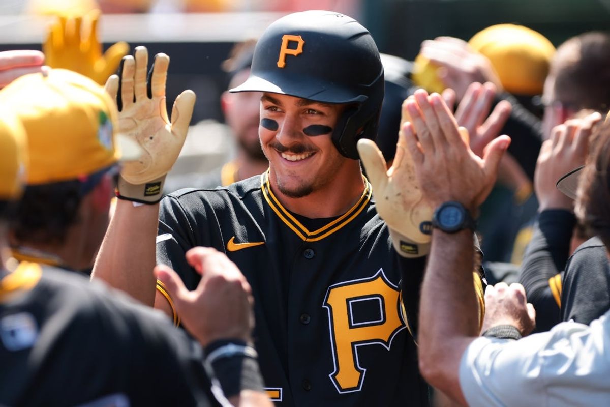 Mar 1, 2026; Jupiter, Florida, USA; Pittsburgh Pirates shortstop Konnor Griffin (75) celebrates after hitting a two-run home run against the St. Louis Cardinals during the first inning at Roger Dean Chevrolet Stadium. Mandatory Credit: Sam Navarro-Imagn Images