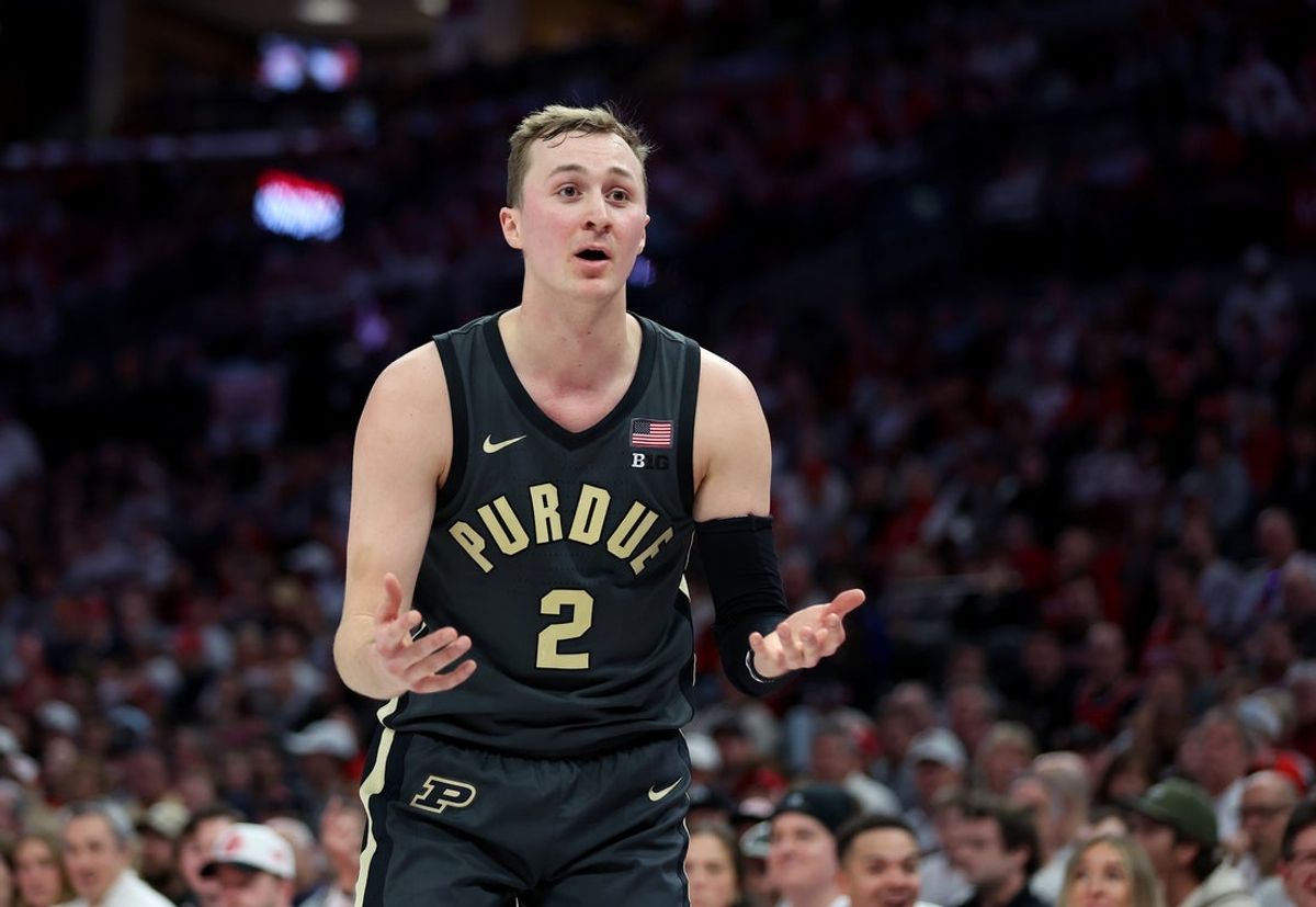Mar 1, 2026; Columbus, Ohio, USA; Purdue Boilermakers guard Fletcher Loyer (2) reacts to a call during the second half against the Ohio State Buckeyes at Value City Arena. Mandatory Credit: Joseph Maiorana-Imagn Images