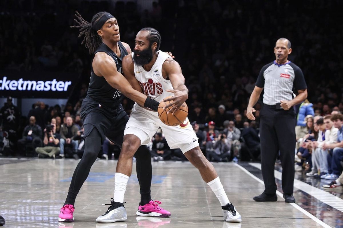 Mar 1, 2026; Brooklyn, New York, USA; Cleveland Cavaliers guard James Harden (1) looks to drive past Brooklyn Nets guard Terance Mann (14) in the first quarter at Barclays Center. Mandatory Credit: Wendell Cruz-Imagn Images