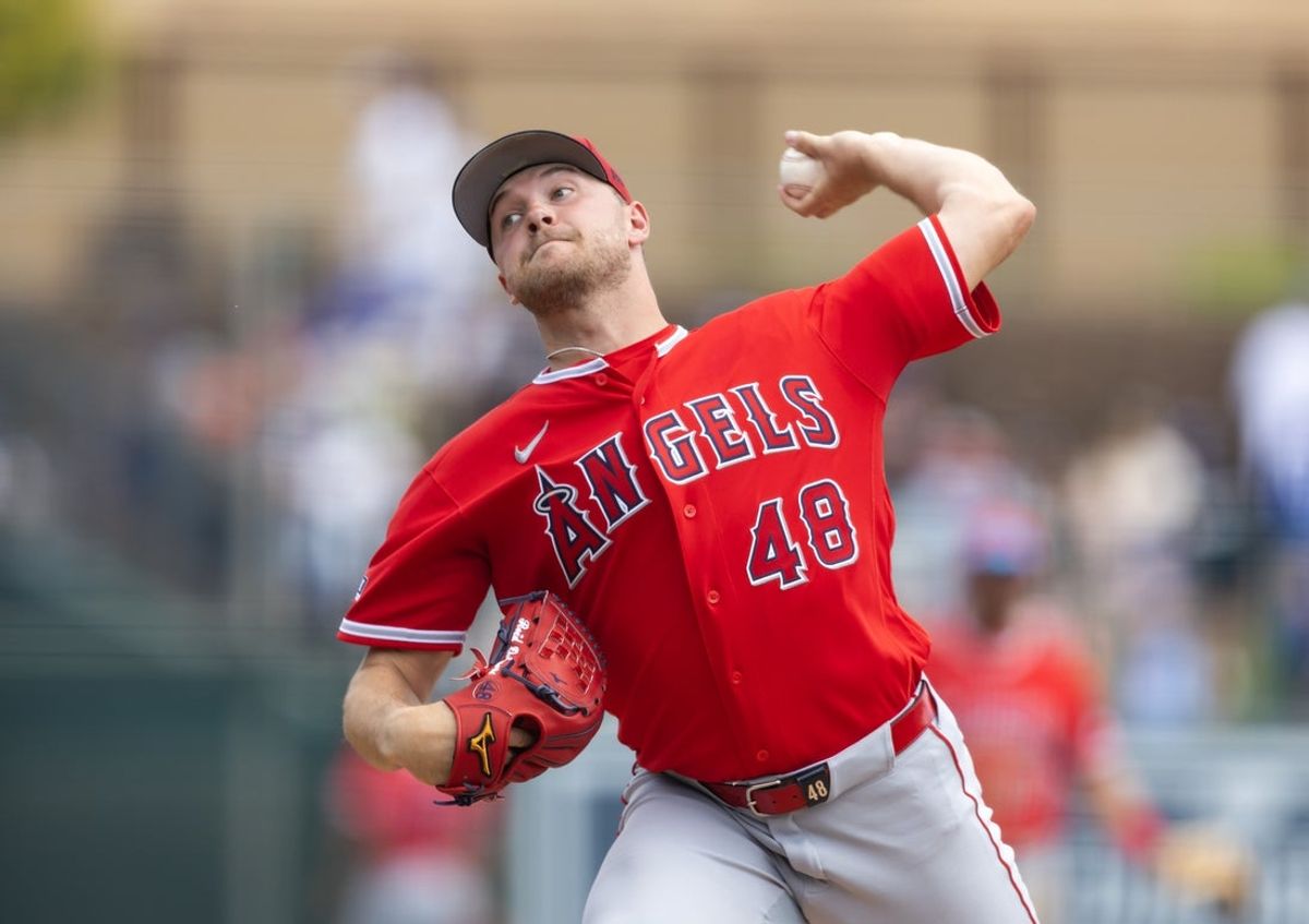 Mar 1, 2026; Phoenix, Arizona, USA; Los Angeles Angels pitcher Reid Detmers against the Los Angeles Dodgers during a spring training game at Camelback Ranch-Glendale. Mandatory Credit: Mark J. Rebilas-Imagn Images