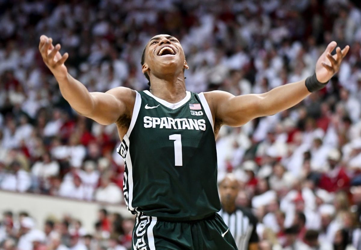 Mar 1, 2026; Bloomington, Indiana, USA; Michigan State Spartans guard Jeremy Fears Jr. (1) celebrates against the Indiana Hoosiers during the first half at Simon Skjodt Assembly Hall. Mandatory Credit: Robert Goddin-Imagn Images