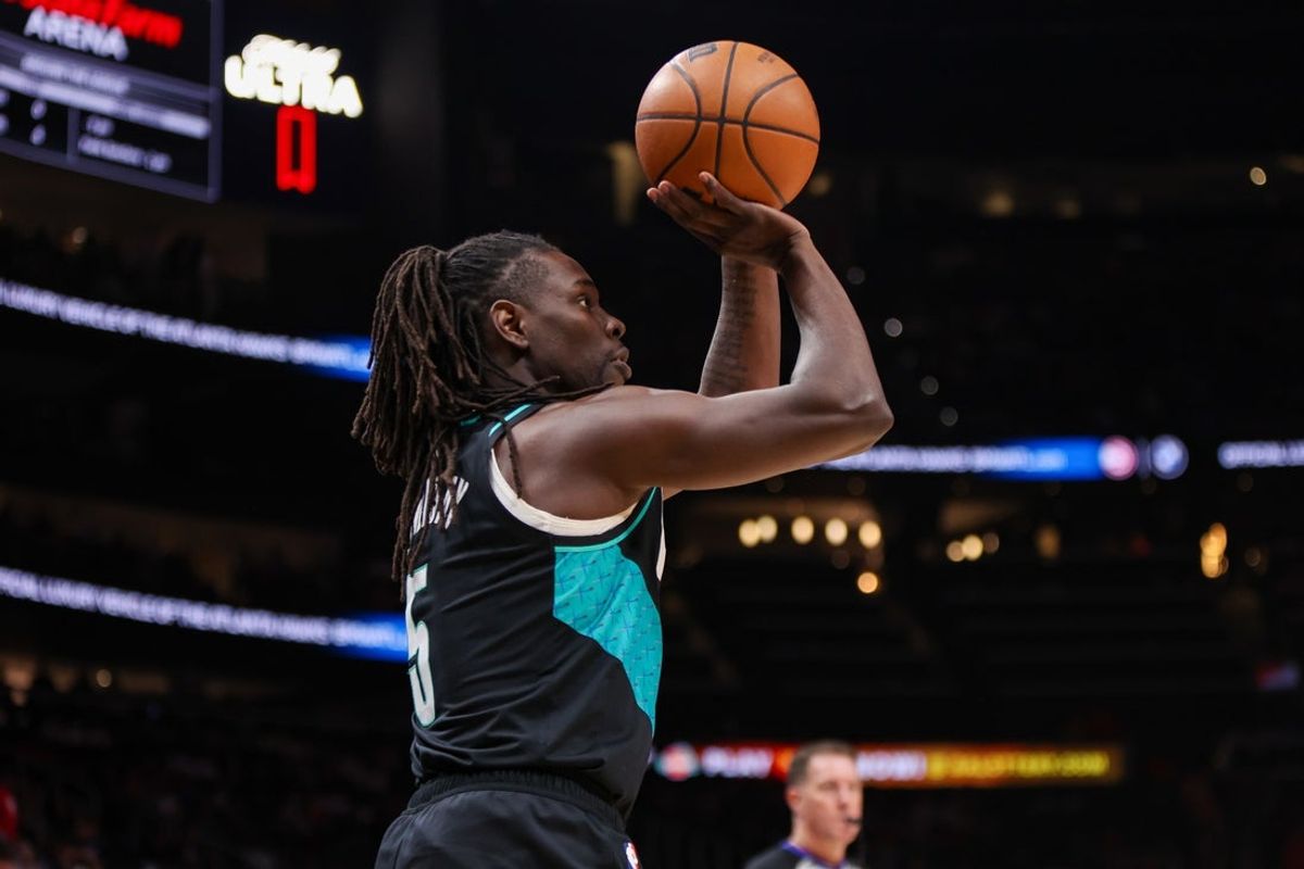 Mar 1, 2026; Atlanta, Georgia, USA; Portland Trail Blazers guard Jrue Holiday (5) shoots against the Atlanta Hawks in the first quarter at State Farm Arena. Mandatory Credit: Brett Davis-Imagn Images