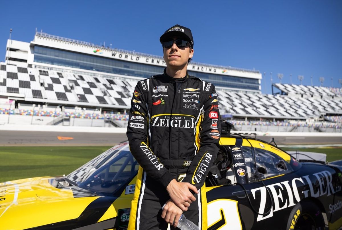 Feb 14, 2026; Daytona Beach, Florida, USA; NASCAR O’Reilly Auto Parts Series driver Carson Hocevar (42) during qualifying for the United Rentals 300 at Daytona International Speedway. Mandatory Credit: Mark J. Rebilas-Imagn Images