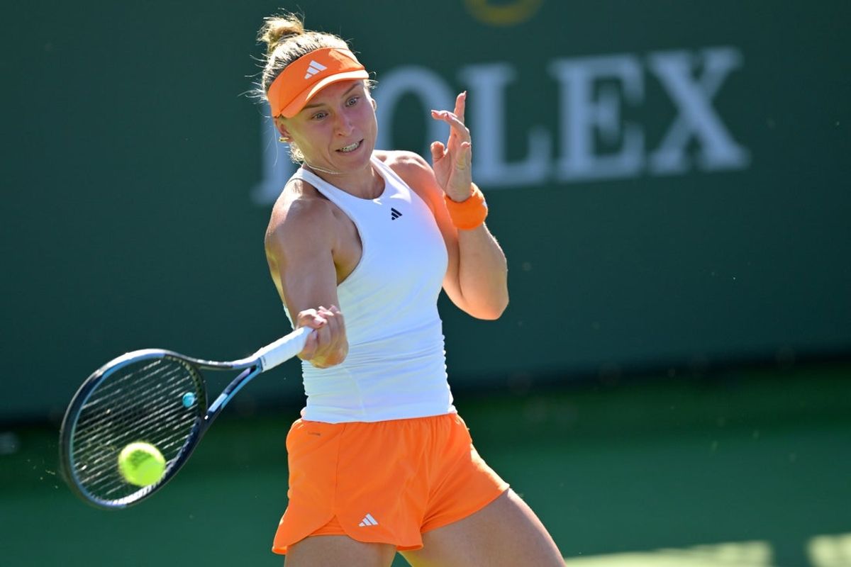 Mar 1, 2026; Indian Wells, CA, USA;  Yuliia Starodubtseva (UKR) hits a shot against Elvina Kalieva (USA) during her qualifying match during the BNP Paribas Open at the Indian Wells Tennis Garden. Mandatory Credit: Jayne Kamin-Oncea-Imagn Images