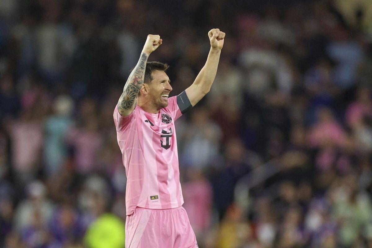 Mar 1, 2026; Orlando, Florida, USA; Inter Miami CF forward Lionel Messi (10) reacts after scoring a goal against Orlando City in the second half at Inter&Co Stadium. Mandatory Credit: Nathan Ray Seebeck-Imagn Images