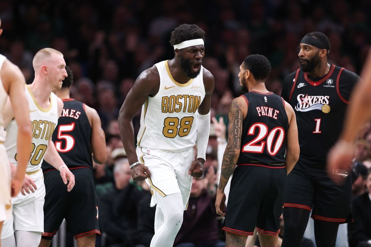 Mar 1, 2026; Boston, Massachusetts, USA; Boston Celtics center Neemias Queta (88) reacts during the first half against the Philadelphia 76ers at TD Garden. Mandatory Credit: Paul Rutherford-Imagn Images