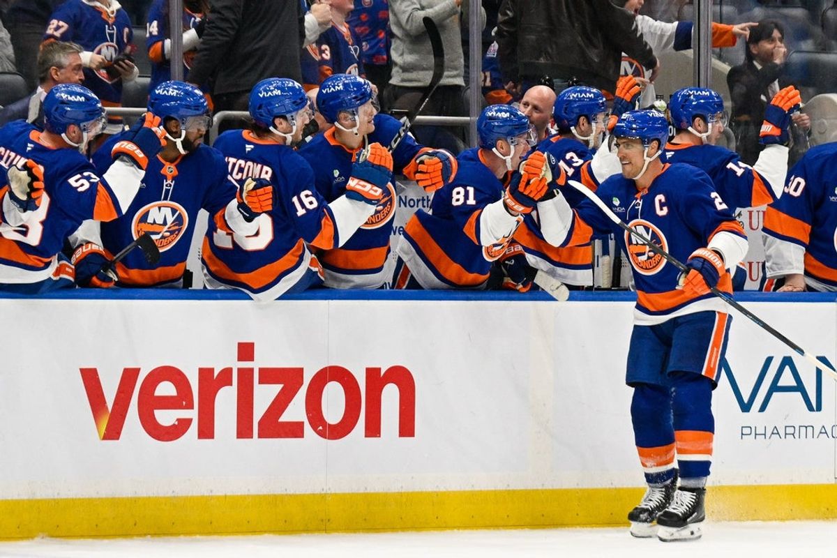 Mar 1, 2026; Elmont, New York, USA;  New York Islanders left wing Anders Lee (27) celebrates his goal against the Florida Panthers during the third period at UBS Arena. Mandatory Credit: Dennis Schneidler-Imagn Images