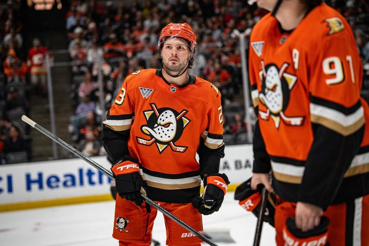 Mar 1, 2026; Anaheim, California, USA; Anaheim Ducks center Mason McTavish (23) during the second period against the Calgary Flames  at Honda Center. Mandatory Credit: Corinne Votaw-Imagn Images