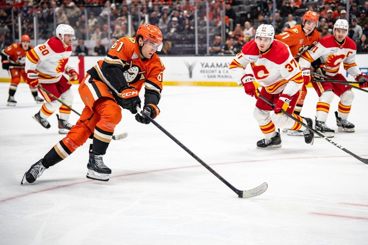 Mar 1, 2026; Anaheim, California, USA;  Anaheim Ducks left wing Cutter Gauthier (61) skates with the puck against the Calgary Flames during the second period at Honda Center. Mandatory Credit: Corinne Votaw-Imagn Images