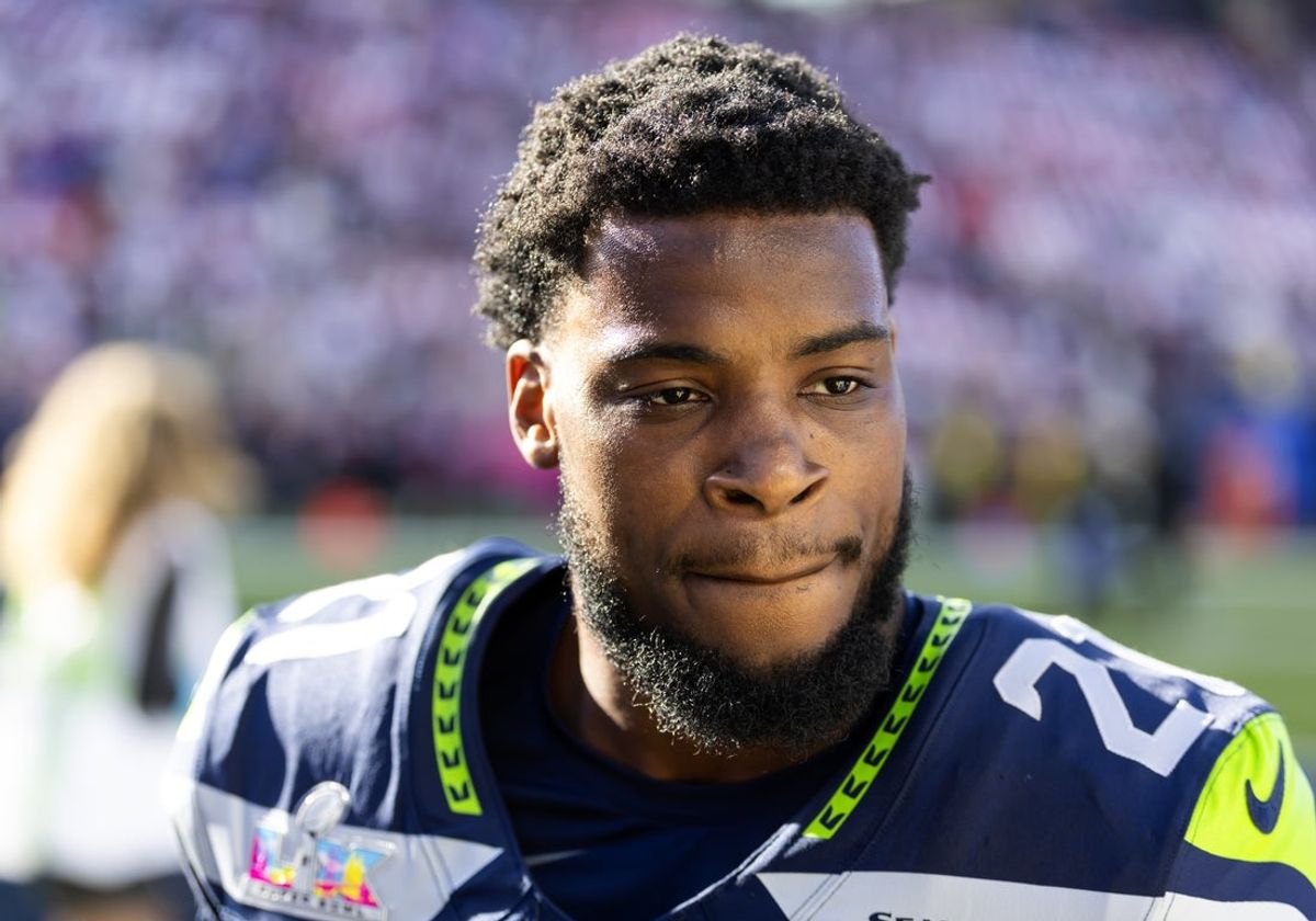 Feb 8, 2026; Santa Clara, CA, USA; Seattle Seahawks cornerback Devon Witherspoon (21) against the New England Patriots during Super Bowl LX at Levi's Stadium. Mandatory Credit: Mark J. Rebilas-Imagn Images