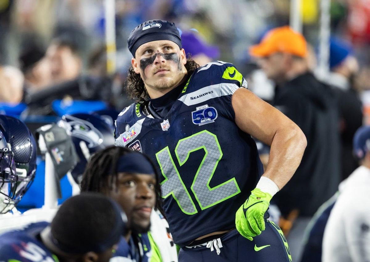 Feb 8, 2026; Santa Clara, CA, USA; Seattle Seahawks linebacker Drake Thomas (42) against the New England Patriots during Super Bowl LX at Levi's Stadium. Mandatory Credit: Mark J. Rebilas-Imagn Images