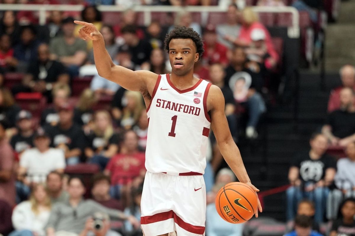 Feb 28, 2026; Stanford, California, USA; Stanford Cardinal guard Ebuka Okorie (1) during the first half against the Southern Methodist University Mustangs at Maples Pavilion. Mandatory Credit: Darren Yamashita-Imagn Images