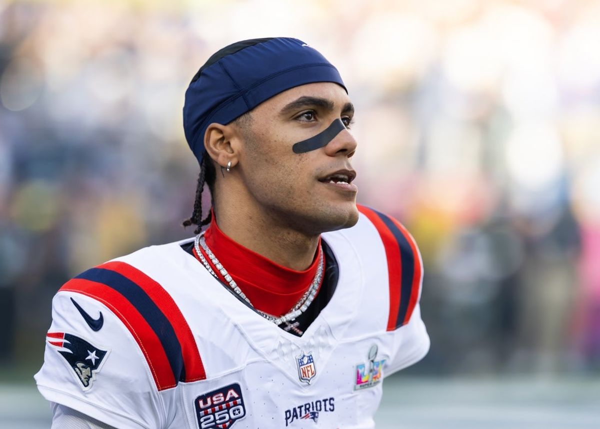 Feb 8, 2026; Santa Clara, CA, USA; New England Patriots cornerback Christian Gonzalez (0) against the Seattle Seahawks during Super Bowl LX at Levi's Stadium. Mandatory Credit: Mark J. Rebilas-Imagn Images