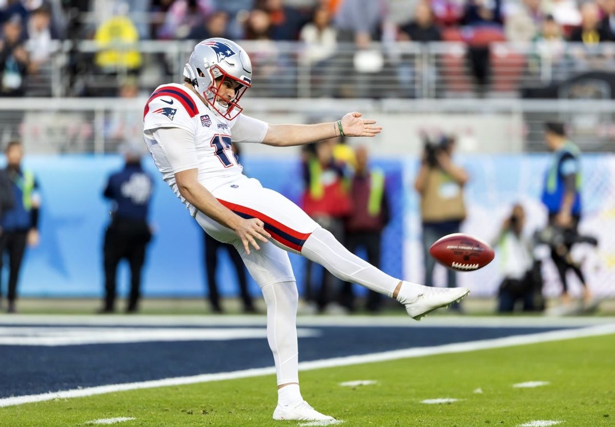 Feb 8, 2026; Santa Clara, CA, USA; New England Patriots punter Bryce Baringer (17) against the Seattle Seahawks during Super Bowl LX at Levi's Stadium. Mandatory Credit: Mark J. Rebilas-Imagn Images