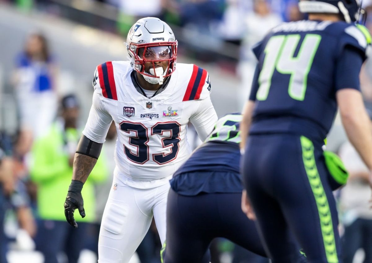 Feb 8, 2026; Santa Clara, CA, USA; New England Patriots linebacker Anfernee Jennings (33) against the Seattle Seahawks during Super Bowl LX at Levi's Stadium. Mandatory Credit: Mark J. Rebilas-Imagn Images
