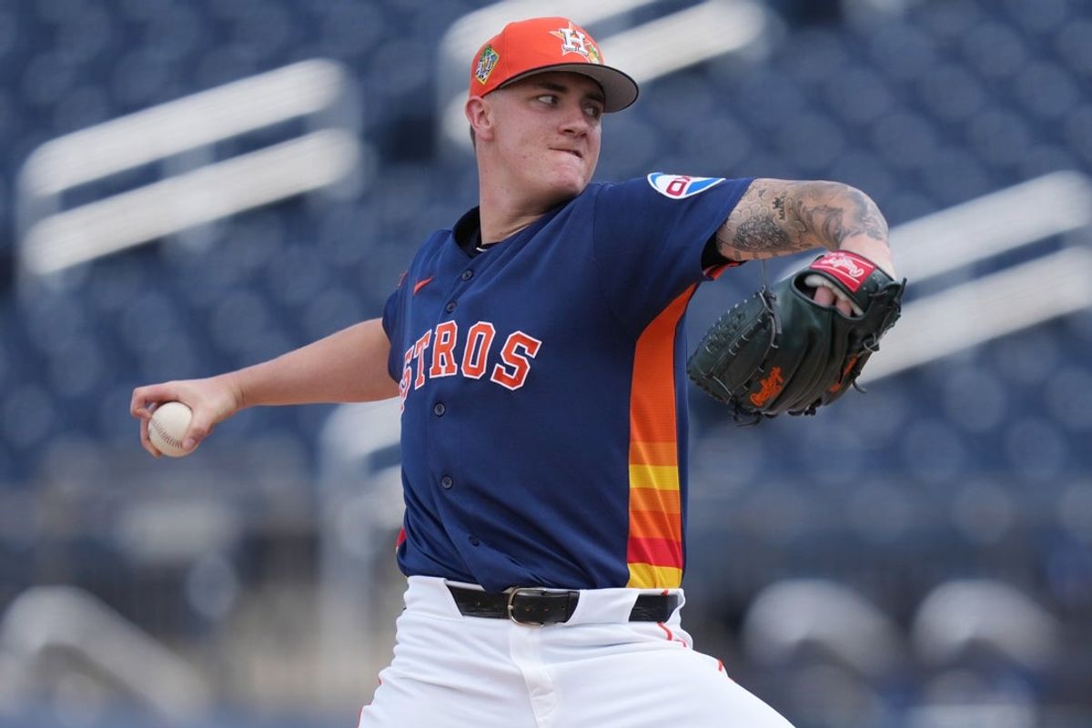 Mar 2, 2026; West Palm Beach, Florida, USA;  Houston Astros pitcher Hunter Brown (58) pitches in the first inning against the Washington Nationals at CACTI Park of the Palm Beaches. Mandatory Credit: Jim Rassol-Imagn Images