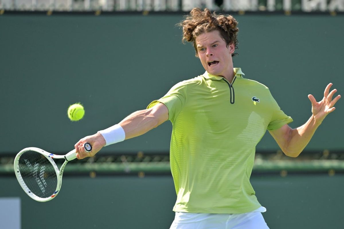 Mar 2, 2026; Indian Wells, CA, USA;  Alexander Blockx (BEL) hits a shot during his qualifying match against Martin Landaluce (ESP) during the BNP Paribas Open at the Indian Wells Tennis Garden. Mandatory Credit: Jayne Kamin-Oncea-Imagn Images