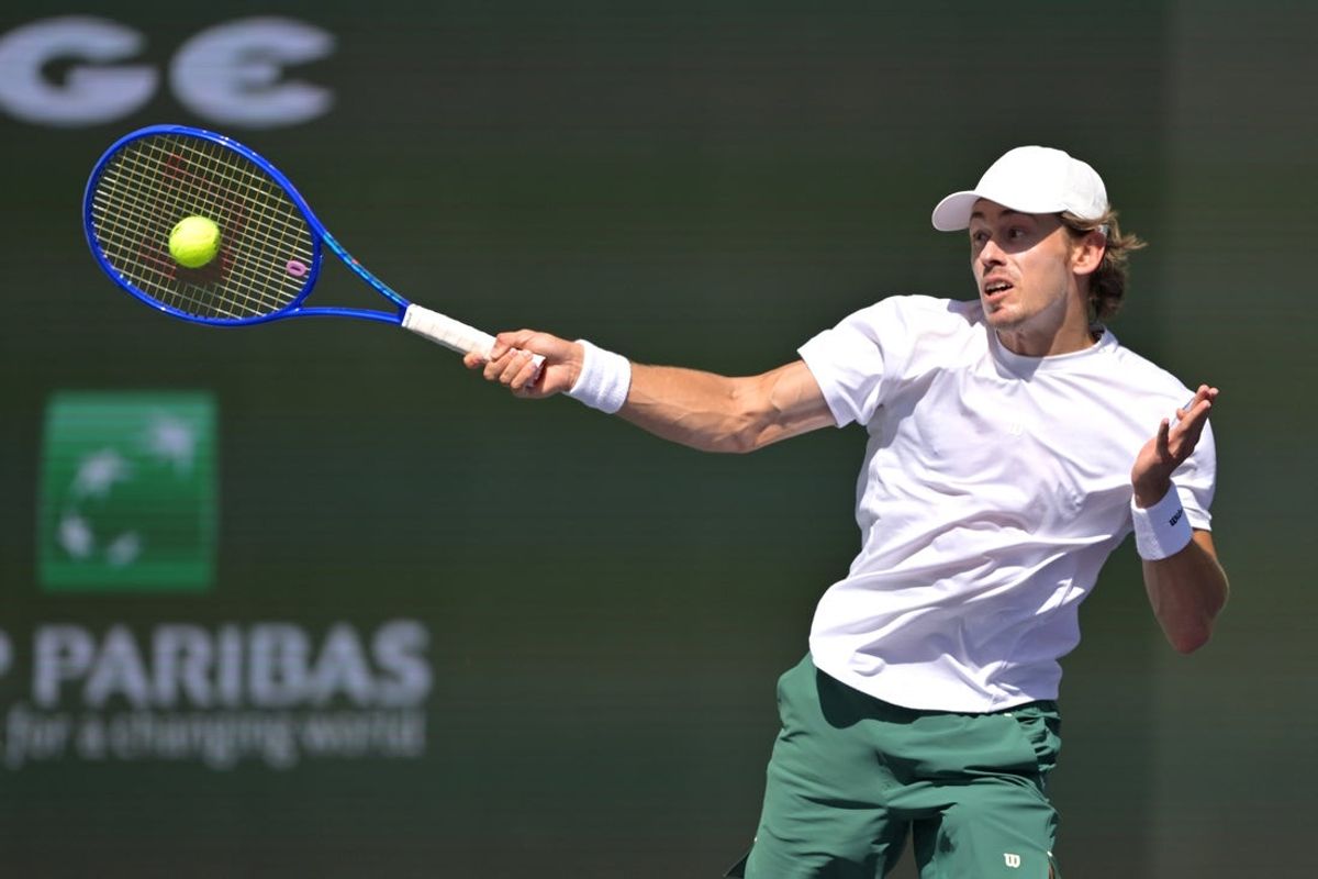 Mar 2, 2026; Indian Wells, CA, USA; Alex de Minaur (AUS) during a practice session for the BNP Paribas Open at the Indian Wells Tennis Garden. Mandatory Credit: Jayne Kamin-Oncea-Imagn Images