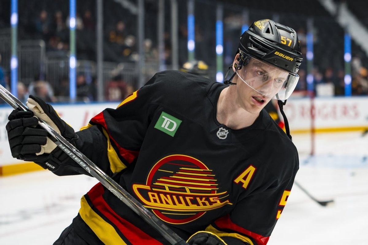 Mar 2, 2026; Vancouver, British Columbia, CAN; Vancouver Canucks defenseman Tyler Myers (57) skates in warm up prior to a game against the Dallas Stars at Rogers Arena. Mandatory Credit: Bob Frid-Imagn Images