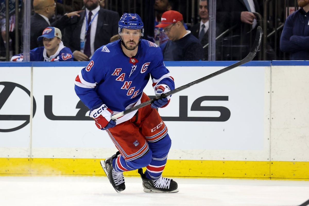 Mar 2, 2026; New York, New York, USA; New York Rangers left wing J.T. Miller (8) skates against the Columbus Blue Jackets during overtime at Madison Square Garden. Mandatory Credit: Brad Penner-Imagn Images