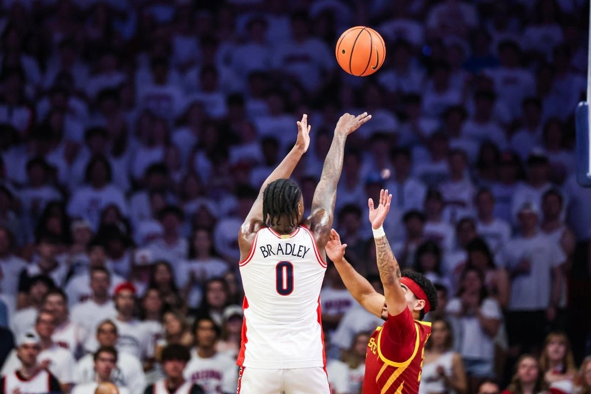 Mar 2, 2026; Tucson, Arizona, USA; Arizona Wildcats guard Jaden Bradley (0) shoots over Iowa State Cyclones guard Tamin Lipsey (3) during the first half of the game at McKale Memorial Center. Mandatory Credit: Aryanna Frank-Imagn Images
