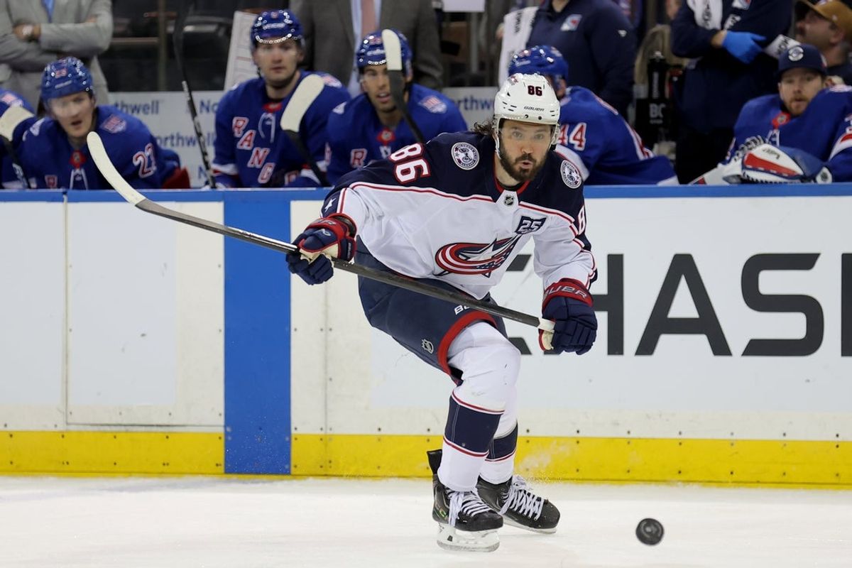 Mar 2, 2026; New York, New York, USA; Columbus Blue Jackets right wing Kirill Marchenko (86) plays the puck against the New York Rangers during the third period at Madison Square Garden. Mandatory Credit: Brad Penner-Imagn Images
