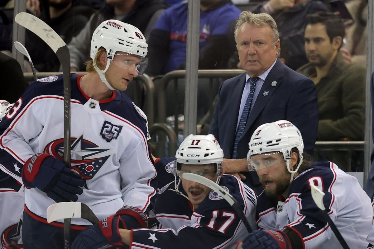 Mar 2, 2026; New York, New York, USA; Columbus Blue Jackets head coach Rick Bowness coaches against the New York Rangers during the second period at Madison Square Garden. Mandatory Credit: Brad Penner-Imagn Images