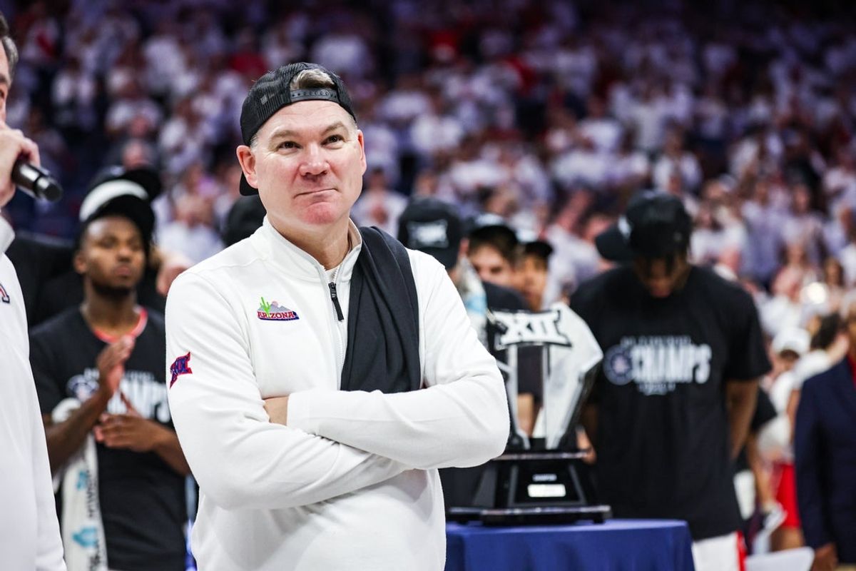 Mar 2, 2026; Tucson, Arizona, USA; Arizona Wildcats head coach Tommy Lloyd looks out to fans after they defeat the Iowa State Cyclones   at McKale Memorial Center. Mandatory Credit: Aryanna Frank-Imagn Images