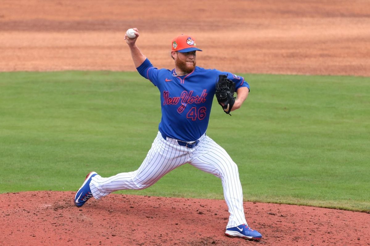 Mar 3, 2026; Port St. Lucie, FL, USA; New York Mets pitcher Craig Kimbrel (46) delivers a pitch against Nicaragua during the fourth inning at Clover Park. Mandatory Credit: Sam Navarro-Imagn Images