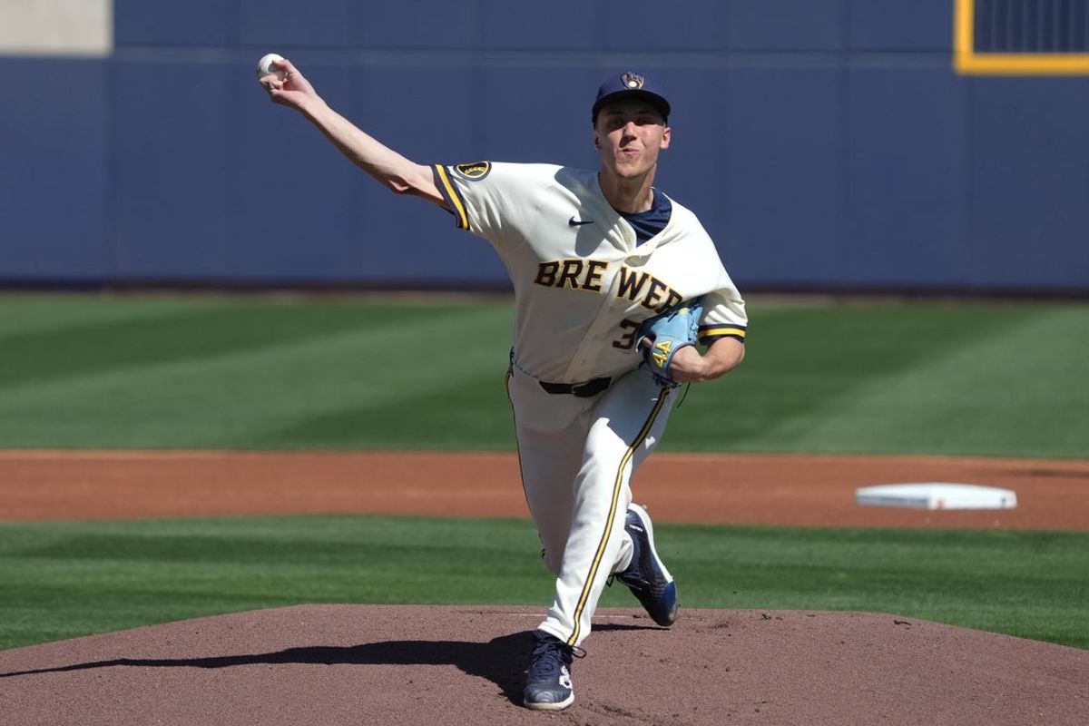 Mar 3, 2026; Phoenix, AZ, USA; Milwaukee Brewers pitcher Jacob Misiorowski (32) throws against Great Britain in the first inning at the American Family Fields.  Mandatory Credit: Rick Scuteri-Imagn Images