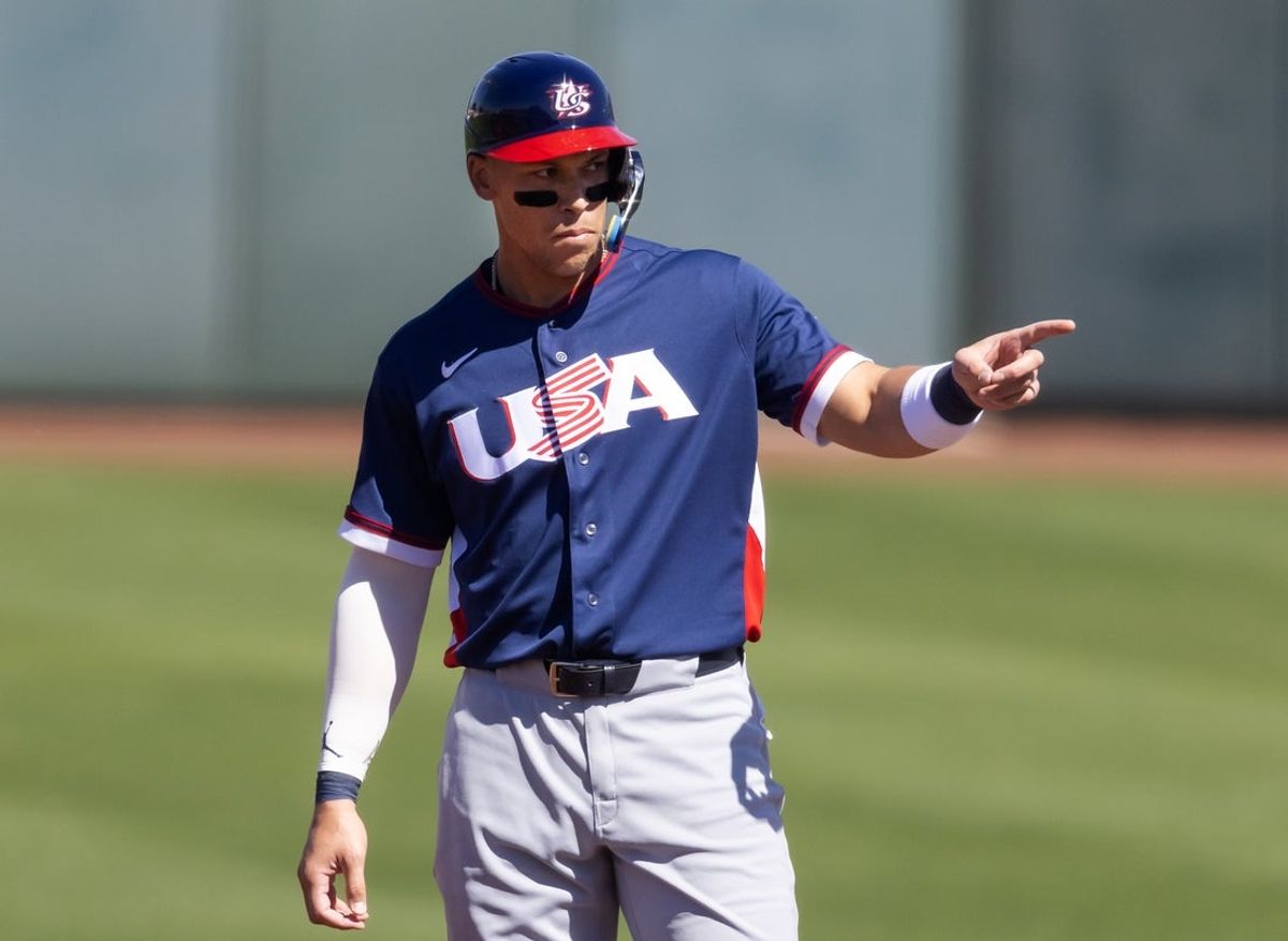 Mar 3, 2026; Scottsdale, AZ, USA; Team USA outfielder Aaron Judge against the San Francisco Giants during a spring training game at Scottsdale Stadium. Mandatory Credit: Mark J. Rebilas-Imagn Images