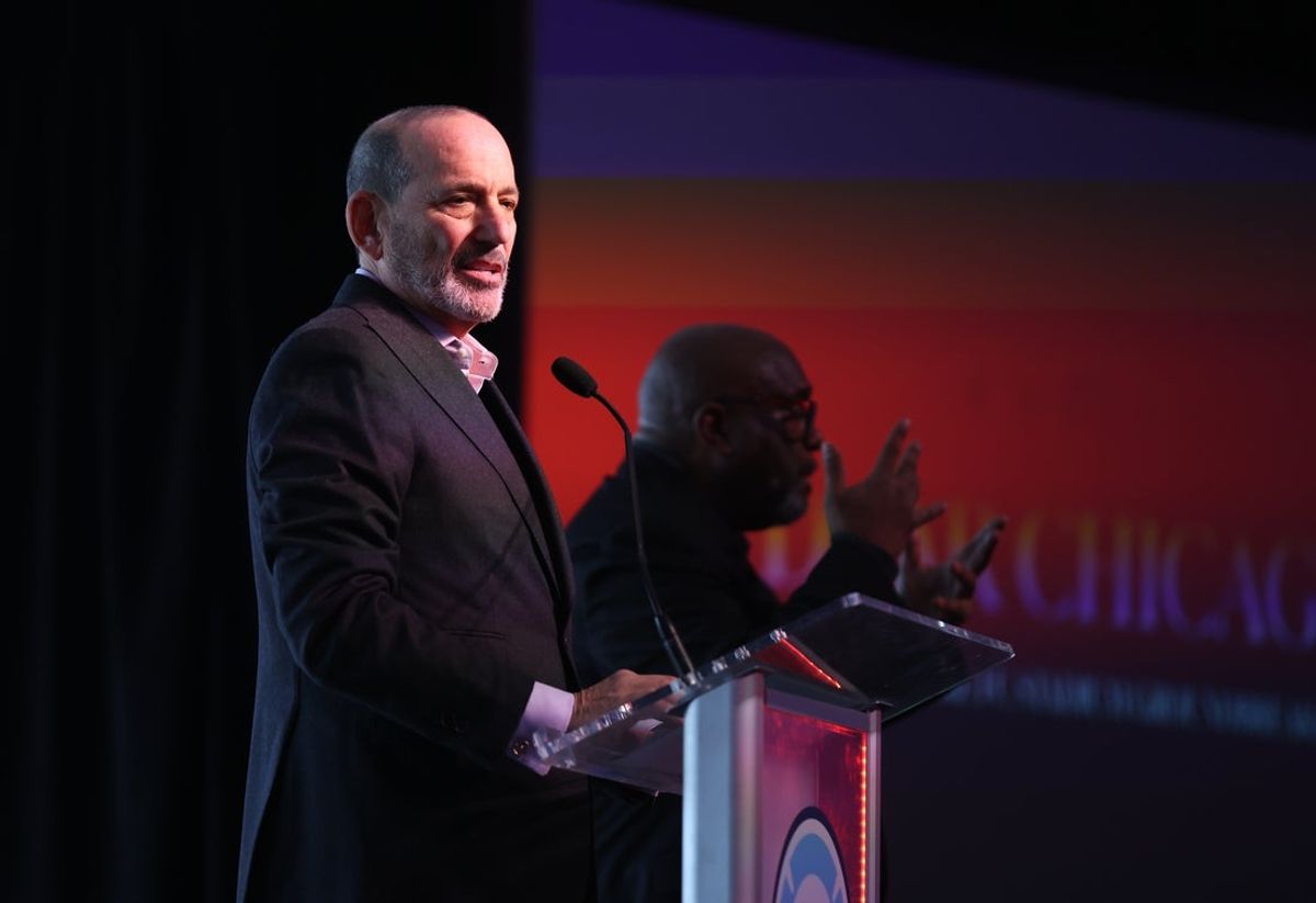 Mar 3, 2026; Chicago, Illinois, USA; Major League Soccer commissioner Don Garber speaks during a groundbreaking ceremony for the Chicago Fire’s new stadium at The 78 in Chicago’s South Loop Mandatory Credit: Talia Sprague-Imagn Images