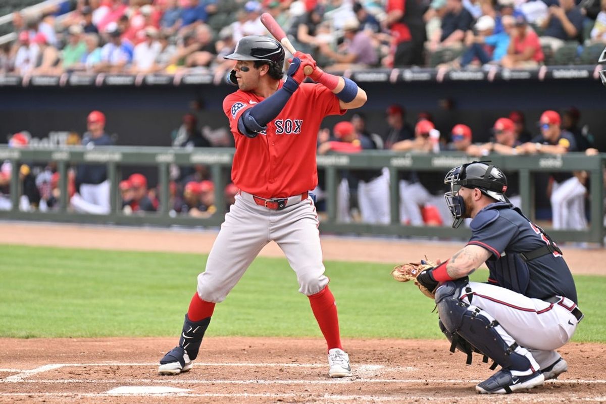 Feb 27, 2026; North Port, Florida, USA; Boston Red Sox second baseman Marcelo Mayer (11) bats in the second inning against the Atlanta Braves during spring training at CoolToday Park. Mandatory Credit: Jonathan Dyer-Imagn Images