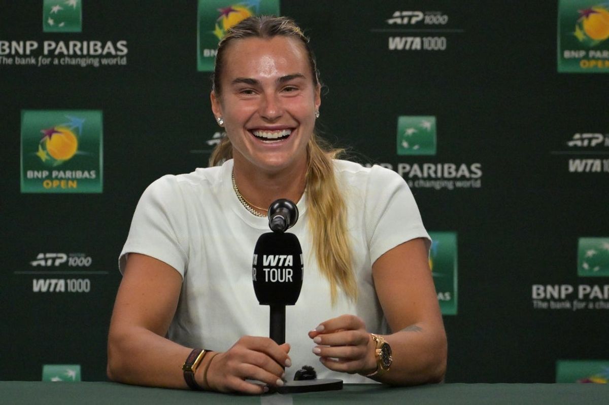 Mar 3, 2026; Indian Wells, CA, USA;  Aryna Sabalenka (BEL) speaks to the media at a news conference during the BNP Paribas Open at the Indian Wells Tennis Garden. Mandatory Credit: Jayne Kamin-Oncea-Imagn Images