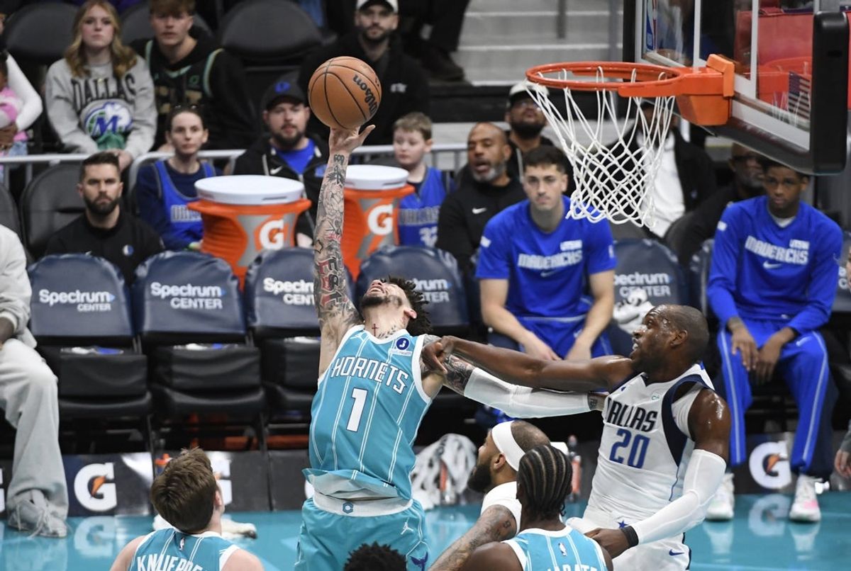 Mar 3, 2026; Charlotte, North Carolina, USA;  Charlotte Hornets guard LaMelo Ball (1) grabs a rebound from Dallas Mavericks forward Khris Middleton (20) during the first half at the Spectrum Center. Mandatory Credit: Sam Sharpe-Imagn Images