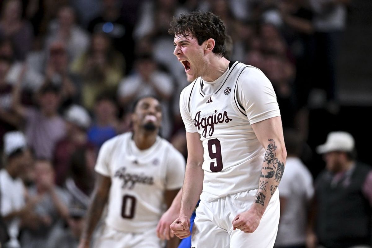 Mar 3, 2026; College Station, Texas, USA; Texas A&M Aggies guard Rubén Dominguez (9) reacts during the first half against the Kentucky Wildcats at Reed Arena. Mandatory Credit: Maria Lysaker-Imagn Images