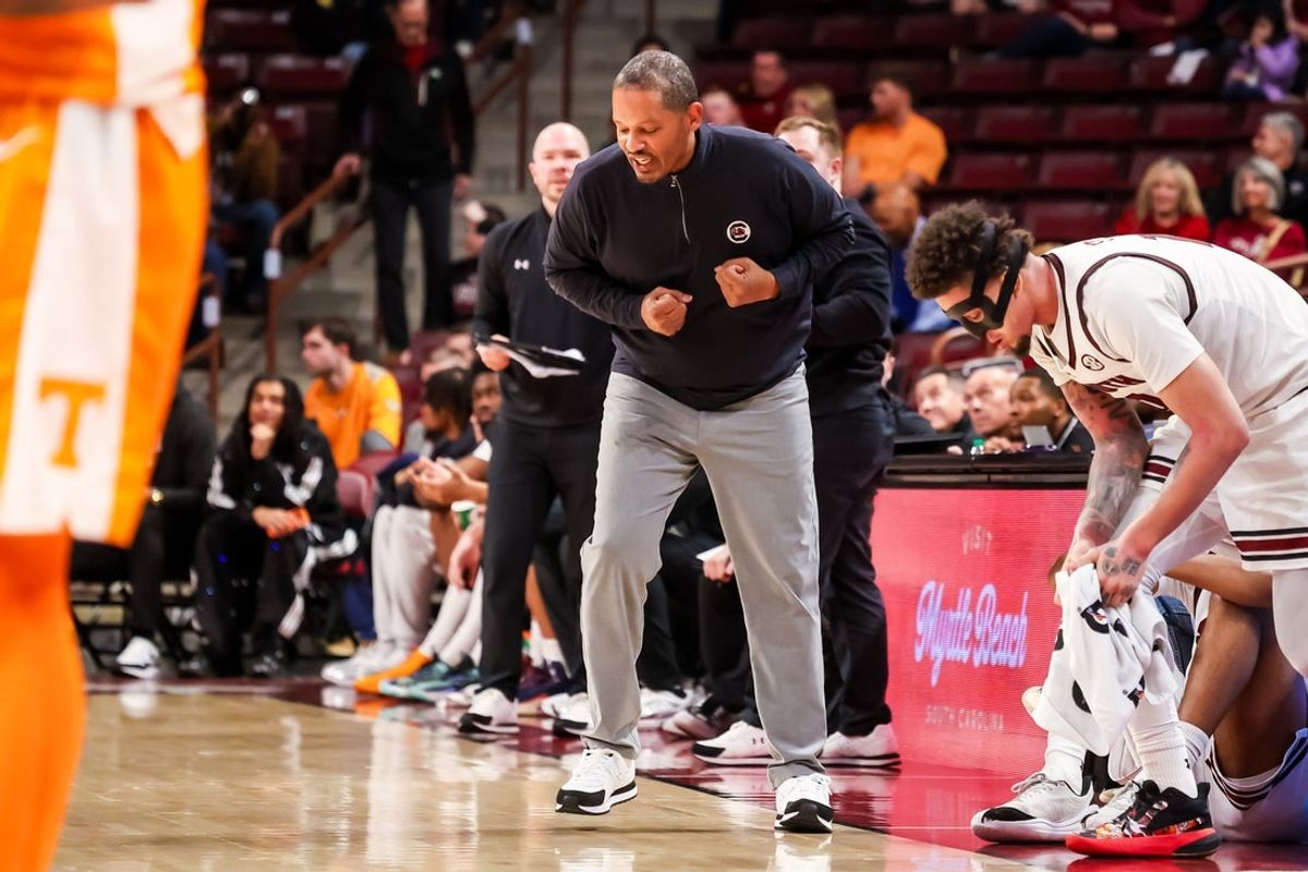 Mar 3, 2026; Columbia, South Carolina, USA; South Carolina Gamecocks head coach Lamont Paris disputes a call by demonstrating what he felt was an offensive foul on the Tennessee Volunteers in the second half at Colonial Life Arena. Mandatory Credit: Jeff Blake-Imagn Images