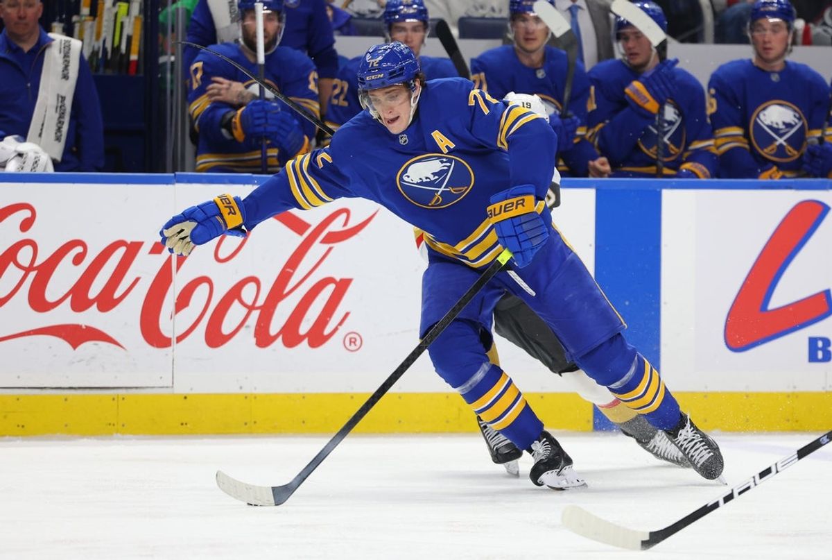 Mar 3, 2026; Buffalo, New York, USA;  Buffalo Sabres center Tage Thompson (72) controls the puck during the second period against the Vegas Golden Knights at KeyBank Center. Mandatory Credit: Timothy T. Ludwig-Imagn Images